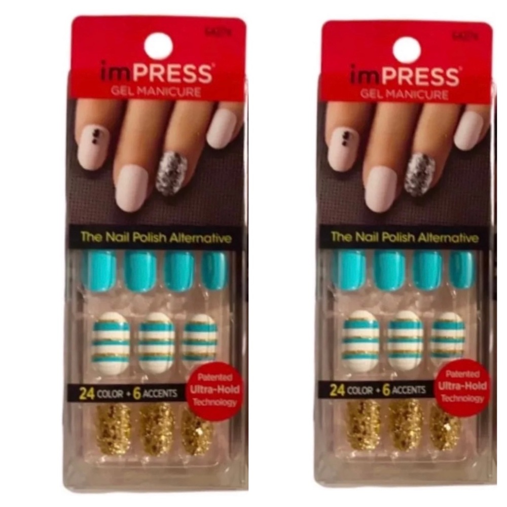 Kiss ImPress Press-On Short Length Teal White Gold Striped Nails Set 2 Pks